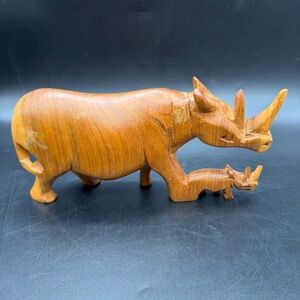 Hand Carved Wood Rhinoceros With Baby Figurine 8”x4”